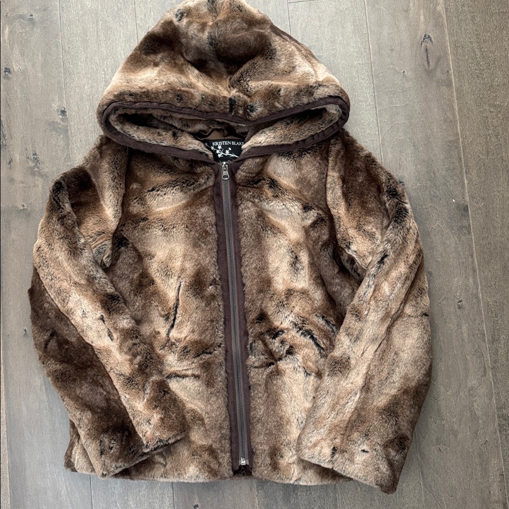 Kristen Blake Women’s PP XXS Petite Faux Fur Hooded Jacket Brown NWT